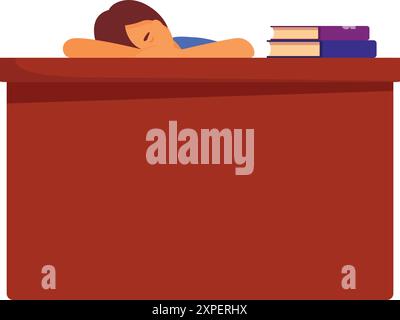 Tired student is sleeping on a desk, exhausted from studying with books piled up beside them Stock Vector