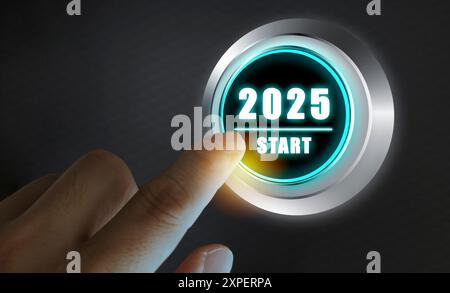 Finger about to press a car ignition button with the text 2025 start. Year two thousand and twenty five concept. Composite image between a hand photog Stock Photo