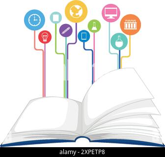 Open book with educational icons above Stock Vector