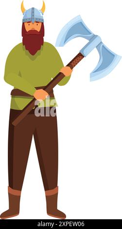Powerful viking holding a big axe on a white background Stock Vector