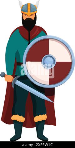 Cartoon viking holding a sword and a shield, ready to defend his territory Stock Vector