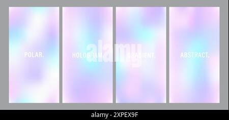 Y2k Holographic Gradient Background. Set of trendy abstract neon templates. Iridescent aura posters. Modern pearlescent vector. Pastel minimalist Stock Vector