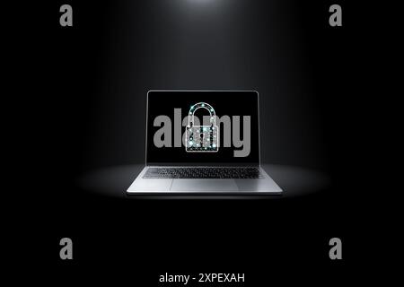 Computer network security technology concept , Grey laptop with important security key icons on the screen in a darkness background Stock Photo