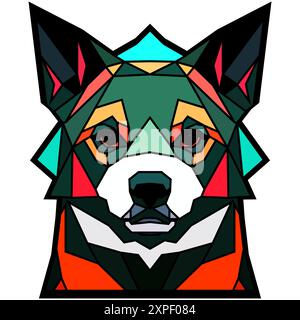 Dog head in a geometric style, black border, colored lines, polygon and triangle shapes. Vector art, sots art, low poly, cubo-futurism, sticker Stock Vector