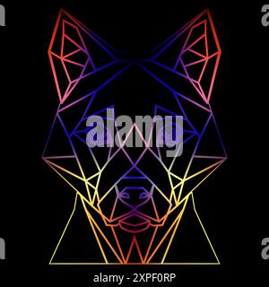 Colorful geometric dog head on a black background with a gradient lines, line drawing, neon lighting. Vector art, sots art, low poly, cubo-futurism Stock Vector