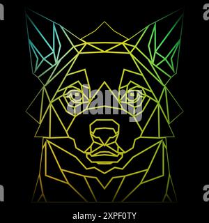 Colorful geometric dog head on a black background with a gradient lines, line drawing, neon lighting. Vector art, sots art, low poly, cubo-futurism Stock Vector