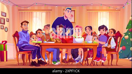 Big family having holiday dinner on Christmas. Cartoon vector illustration of man and woman, children and teenagers sitting at table and eating dishes in home room interior with decorated Xmas tree. Stock Vector