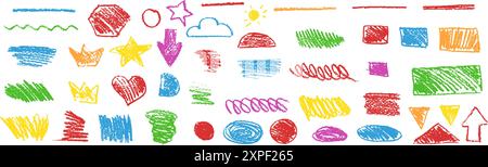 Colorful underline pencil hand drawn various ellipses, crowns, doodle cloud and sun, arrows, stars and heart. Vector grunge charcoal pencil curly Stock Vector
