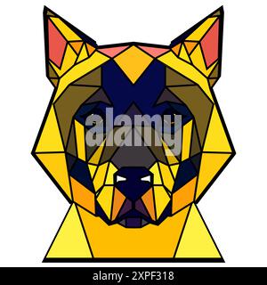Dog head in a geometric style, black border, colored lines, polygon and triangle shapes. Vector art, sots art, low poly, cubo-futurism, sticker Stock Vector