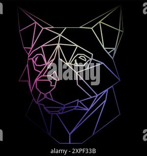 Colorful geometric dog head on a black background with a gradient lines, line drawing, neon lighting. Vector art, sots art, low poly, cubo-futurism Stock Vector