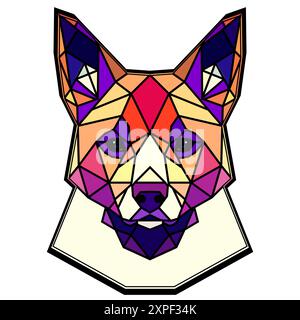 Dog head in a geometric style, black border, colored lines, polygon and triangle shapes. Vector art, sots art, low poly, cubo-futurism, sticker Stock Vector