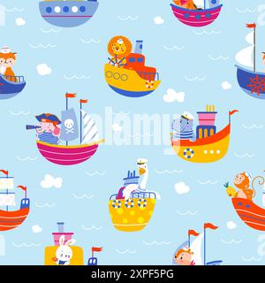 Animals on ships. Cartoon animal at boats and yacht. Marine travel childish fabric print design. Lion elephant goose rabbit sailors nowaday vector Stock Vector