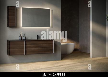 Stylish bathroom interior with gray and brown walls, black countertop with mirror, bathtub, shower, plants and parquet floor.Minimalist cozy bathroom Stock Photo