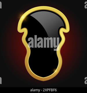 Black shield with glossy bright golden frame isolated on red background. VIP luxury logo design element. Vector clipart illustration. Logotype medieva Stock Vector