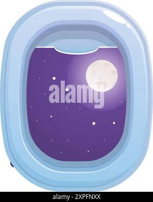 Airplane window revealing the moon shining in a starry night sky Stock Vector