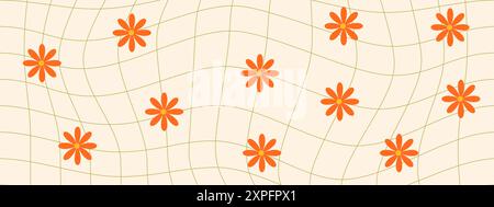 Psychedelic retro checkered background with flowers in vintage y2k style. Vector illustration. Stock Vector