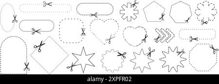 Set of cutout shapes with scissors icons. Cut here symbols. Stock Vector