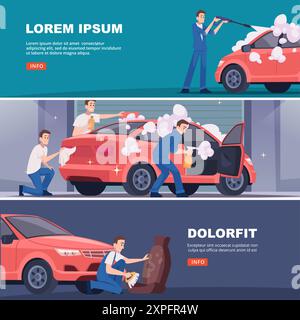 car wash service. workers in uniform washing red car vector horizontal banners with place for text Stock Vector
