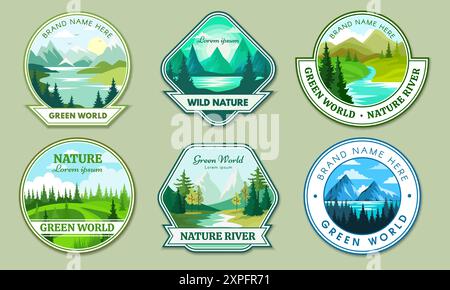 Nature logos. Labels with mountains green landscape concept for water design badges recent vector alpine mountains and green hills Stock Vector