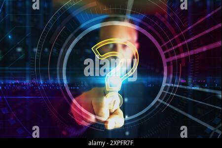 Question mark help and quiz symbol digital abstract 3d concept. Finger touch screen. Cyber technology and network background. Man pushes computer disp Stock Photo