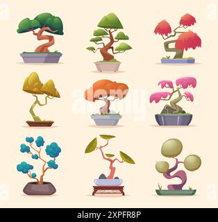 Bonsai tree. Asian decorative garden tree exact vector authentic plants for interior cartoon botanical illustrations set Stock Vector