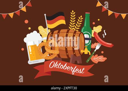 Happy Oktoberfest Party Festival with Beer, Sausage, Gingerbread and German Flag. Flat Cartoon Hand Drawn Templates. Vector Illustration Stock Vector