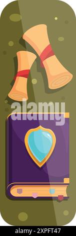 Cartoon style banner featuring an old magic book with a gemstone and scrolls on a green background Stock Vector