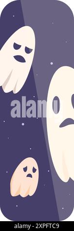 Three cartoon ghosts are floating on a dark blue background with stars Stock Vector