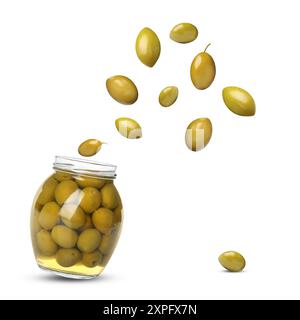 Jar with pickled olives in air on white background Stock Photo
