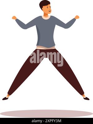 Young man is joyfully jumping, his wide stance and raised arms conveying a sense of accomplishment and victory Stock Vector