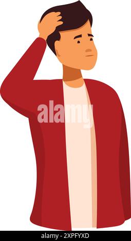 Young adult male is scratching his head, deep in thought and looking away with a puzzled expression on his face Stock Vector