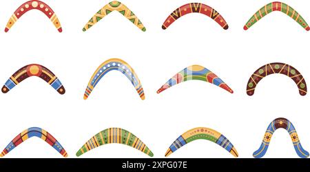 Wooden boomerangs. Australian aboriginal decorative boomerang icons. Weapon for hunting or sport training, active game toy, nowaday vector set Stock Vector