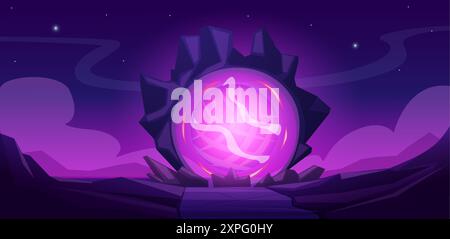 Magic portal landscape. Mystical stones desert with violet light door in other location or world. Cartoon fantasy game adventures nowaday vector Stock Vector