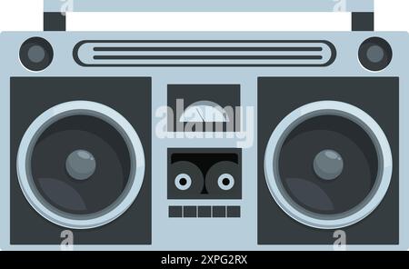 Gray boombox playing music featuring a radio, cassette player, and large speakers Stock Vector
