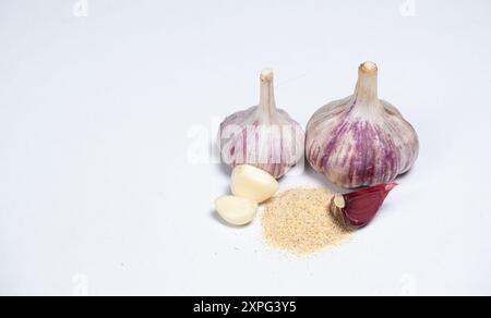 Garlic heads and cloves. garlic powder dry seasoning on white background, copy space for text. Stock Photo
