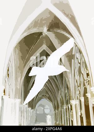 Concept art, outline of bird inside a church, with high ceiling &  stone arches, symbolising spirituality, religion, life after death, soul, freedom Stock Photo