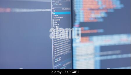 Computer screen, programming and coding for software development, analysis and server. Empty, database and technology with research, it system and Stock Photo