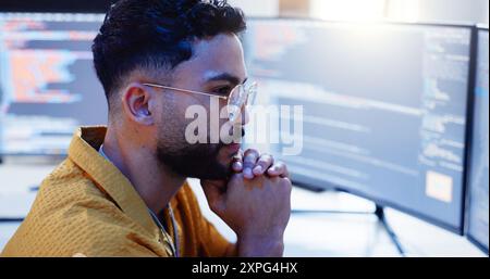 Serious, man and coding with computer screen for cybersecurity, developer update and app upgrade. Thinking, working and coder tech with programmer Stock Photo