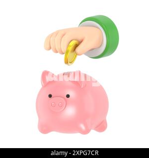 Cartoon Gesture Icon Mockup.3d illustration saving money in piggy bank,3D rendering on white background. Stock Photo