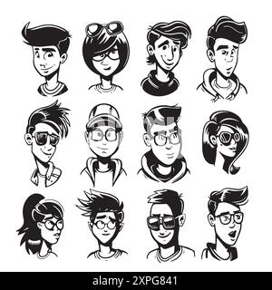 People avatars set. Young smiling male and female characters, head portraits in outlined line art style. Happy men and women, user profiles. Flat vect Stock Vector