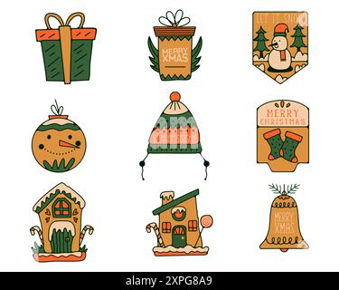 Christmas Labels set, Stickers collection, Stamps and Badges Design Elements - snowman, gingerbread house in retro style. New Year holiday elements is Stock Vector
