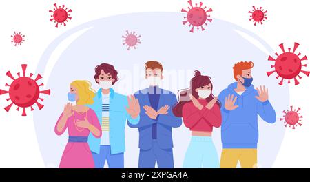 People denial infection. Man and woman in mask negative no gesturing, safety virus prevention protection disease pollution control influenza stop concept vector illustration authors graphics Stock Vector