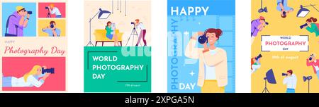 Photographer posters. Professional photographers or photo journalist people world photography day media event brochure, photographic camera hobby picture shot vector illustration authors graphics Stock Vector
