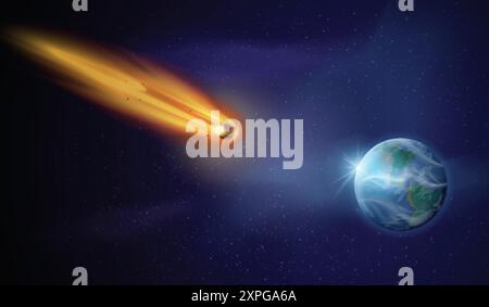 Asteroid falling on earth. Flying burning meteor shower falls on planet, space object lights fire meteorite flame comet in galaxy sky universe background, exact vector illustration authors graphics Stock Vector