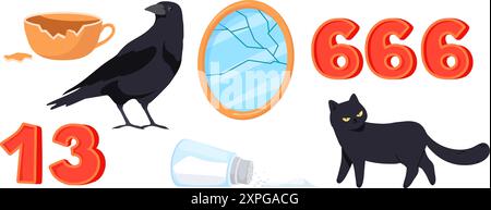 Superstition concept. Bad luck symbols omens misfortune signs, fortune beliefs unlucky superstitions shattered mirror broken cup black cat raven friday 13 666 vector illustration authors graphics Stock Vector