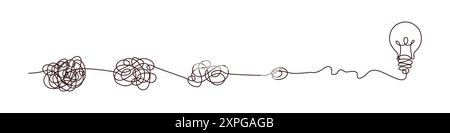 Solution concept of chaos in thoughts with hanging light bulbs with one glowing. Complex problem solving process in hand drawn style. Vector Stock Vector