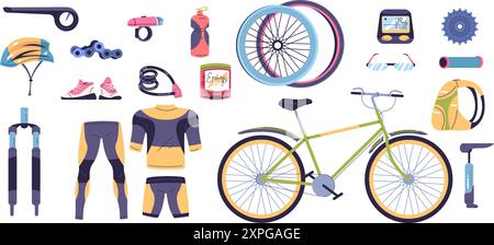 Mountain bike parts. Cyclist gear bicycle technical part kit, biking service equipment extreme sport cycle wheel pedal chain mtb element cross cycling, classy vector illustration authors graphics Stock Vector