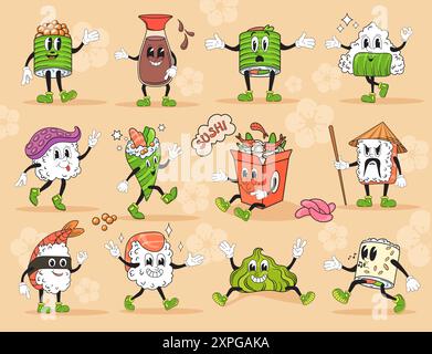 Cartoon sushi rolls characters. Japanese food retro mascot, rice onigiri fresh salmon sushis oriental meal comic character vintage manga 60s 70s, doodle neat vector illustration authors graphics Stock Vector