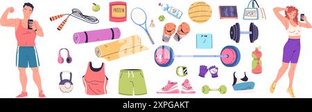 People gym tools. Athlete in sportswear selfie phone, sport facility devices equipment for exercise workout various weight dumbbell man woman training, classy vector illustration authors graphics Stock Vector