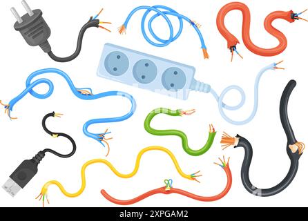 Broken cables. Damaged electric wire, torn copper cable connection cord insulation problem electrical current energy power danger voltage circuit hazard, neat vector illustration authors graphics Stock Vector